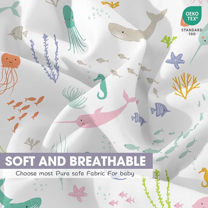 Bimocosy Crib Sheets for Boys Girls, Fitted Crib Sheet 4 Pack for Standard Crib and Toddler Mattresses, Super Soft Breathable Microfiber Baby Sheet 28x52x8in, Ocean World/Milky Green/Seashell/Blue