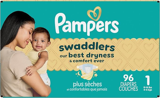 Pampers Swaddlers Diapers, Size 1 (8-14 lbs), 96 Count, Absorbent, Keeps Baby Dry and Comfortable, Skin Safe Disposable Baby Diaper (Packaging May Vary)