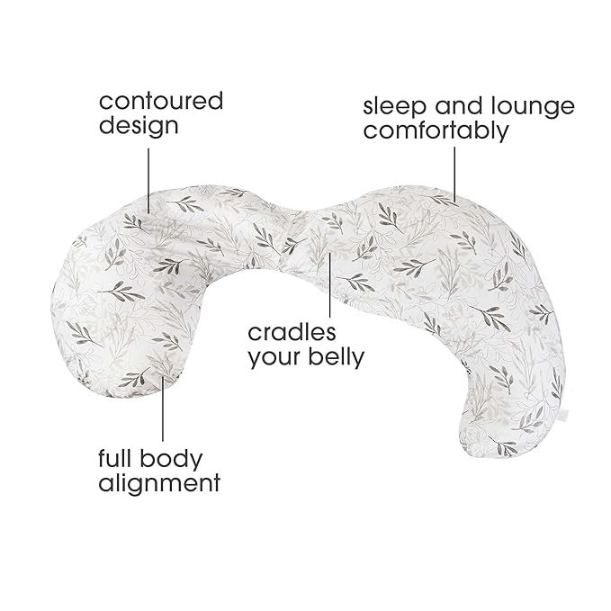 Boppy Total Body Pregnancy Pillow, Gray Wispy Leaves, Body Pillow for Prenatal and Postpartum Support, Removable Cover Included