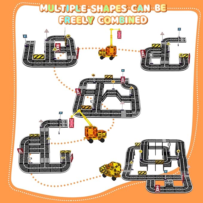 Magnetic Tiles Building Blocks for 3 4 5 6 7 8+ Years Old Boys Girls Colorful Magnet Stacking Toys Birthday Gift for Toddlers STEM Preschool Educational Construction Tiles Set (Magnetic Road)