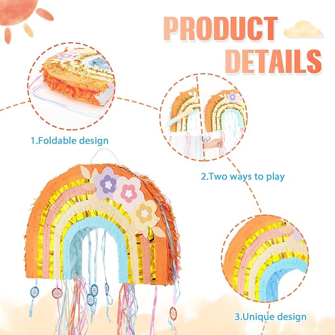 WERNNSAI Foldable Rainbow Pinata - Rainbow Pull String Pinata with Blindfold and Bat for Bundle Piñata Boho Theme Birthday Baby Shower Party Decoration Carnival Party Games Supplies 16.4" x 12.3"