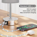Grey Table Bedside Lamp for Bedroom Nightstand - Small Silver Lamp with USB A + C Charging Port, 3 Color Temperatures Pull Chain Night Stand Light with Bulb, Side Table Desk Lamp for Living Room