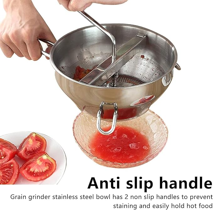 Food Mill with 3 Grinding Milling Discs,Bowl & Milling Handle Safe Stainless Steel meal grinder Perfect food mill for tomato, Potato Masher, Vegetable Chopper, Baby Food Processor (Silver)