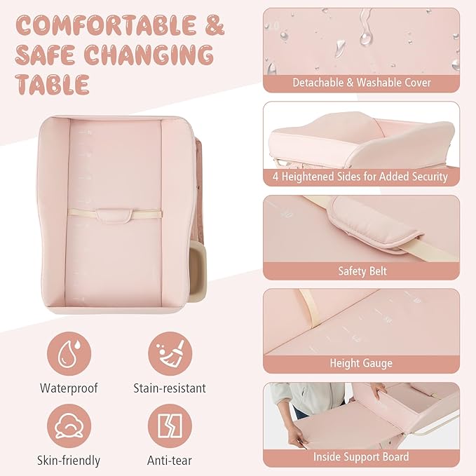 BABY JOY Portable Baby Changing Table, Foldable Diaper Changing Station w/Wheels, Adjustable Height, Large Storage Rack, Water Basin, Safety Belt, Mobile Nursery Organizer for Newborn Infant (Pink)