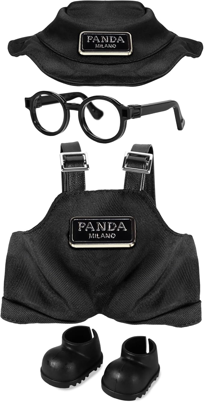 6.7in/17cm Doll Clothes Set, 4 PCS Fashion Outfit Includes Hat, Bib Pants, Glasses, Shoes, Cute Collectible Doll Accessories Unique Style (Black)