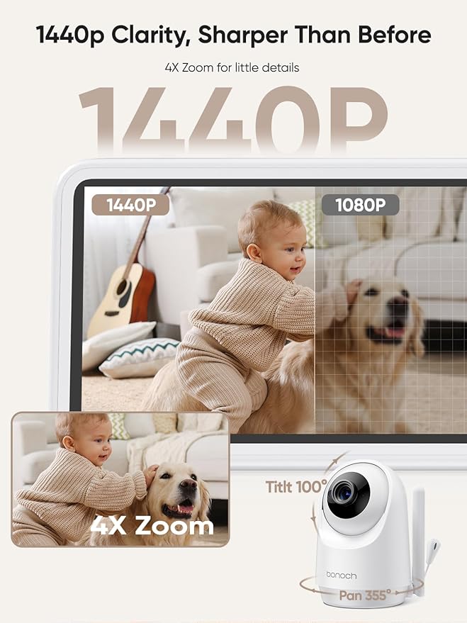 bonoch 1440p Baby Monitor with Camera and Audio, Smart No WiFi Baby Camera, 5.5" Video Monitor, AI Crying/Motion/Turn Over Detect, 240h Lasting, Hack Proof, Auto Night Vision, VOX Mode, White Noise