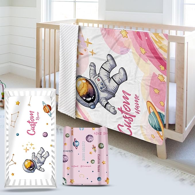 Personalized Baby Crib Bedding Set – Pink Space Theme Nursery Bedding Sets 3 Piece with Custom Name Blanket, Fitted Crib Sheet & Changing Pad Cover – Ideal Newborn Gift for Girls