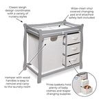 Badger Basket Sleigh-Style Baby Changing Table - Diaper Changing Station with 3 Storage Baskets - Nursery Organizer with Hamper, Changing Pad, Safety Rails - Gray