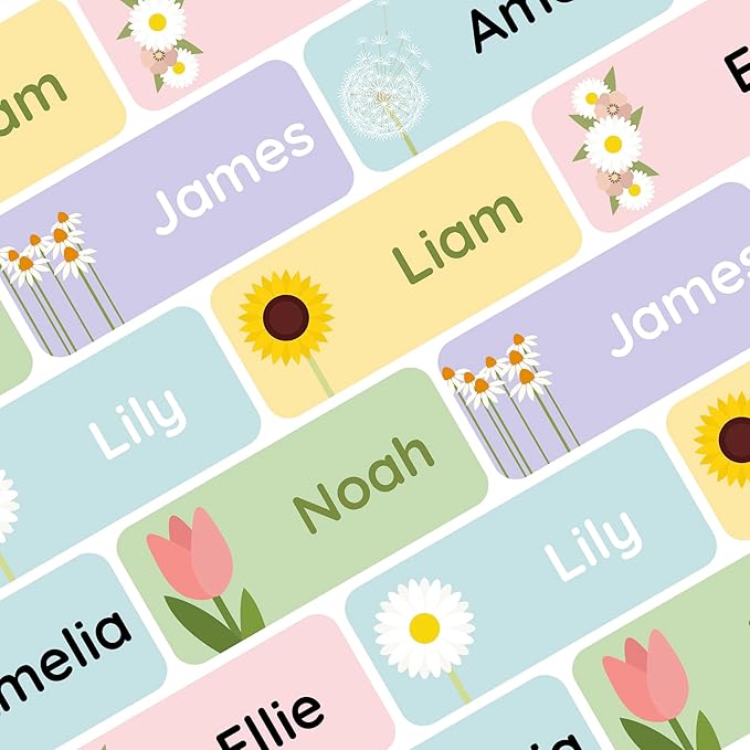 Personalized Name Labels for Kids (120) – Custom Waterproof & Durable Stickers for Clothing, Daycare, Office & School Supplies - Flowers