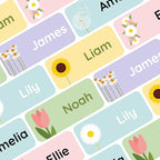 Personalized Name Labels for Kids (120) – Custom Waterproof & Durable Stickers for Clothing, Daycare, Office & School Supplies - Flowers