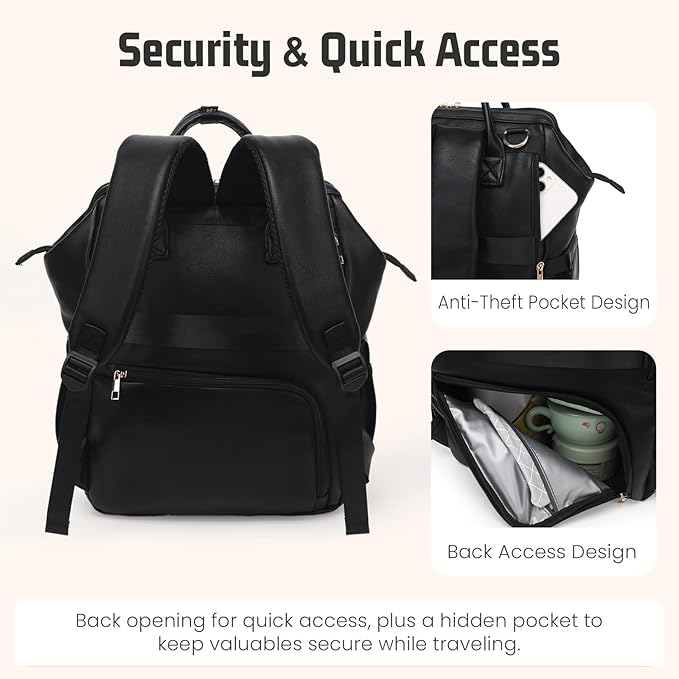 Premium Vegan Leather Diaper Bag Backpack with Waterproof Changing Pad – Reinforced Stitching & Zippers, Baby Bag for Boy Girl, Stroller Straps, Ergonomic Design for Traveling Moms, Black