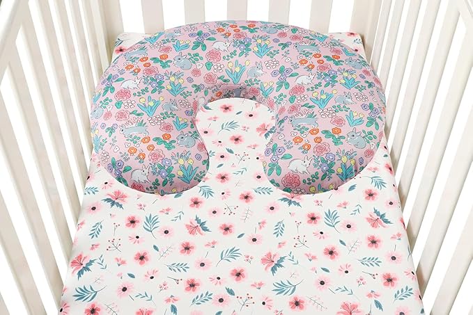 Nursing Pillow Cover Set 3 Pack Nursing Pillow Slipcovers for Moms Breastfeeding Moms, Ultra-Soft Stretchy Fit Standard Nursing Pillows Floral,Grey Rabbit & Pink