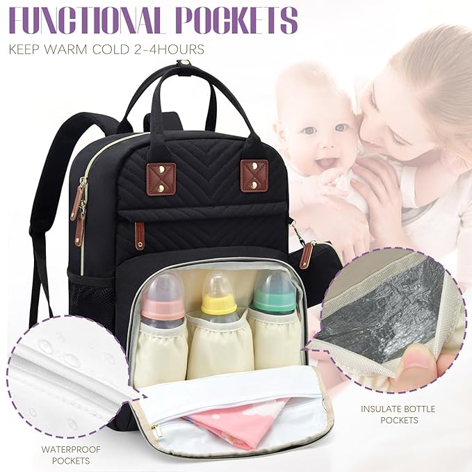 Tuwubi Diaper Bag Backpack, Baby Essentials Travel Tote Bag, Multi function Waterproof Backpacks, Travel Essentials with Stroller Straps & Pacifier Case - Black