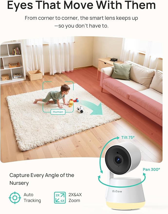 Dr.Care LumiView Plus Smart WiFi Baby Monitor with 2 Cameras - 5.5" 1080P Split Screen & 2K Camera, Privacy Mode, Cry & Motion Alerts, 5000mAh Removable Battery, RGB Night Light, HD Night Vision