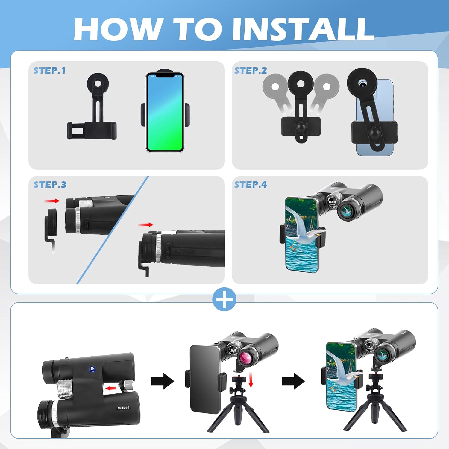 18x50 HD Binoculars for Adults with Upgraded Phone Adapter, Tripod and Tripod Adapter - Professional Waterproof Binoculars with BaK4 prisms and Large View for Bird Watching,Hunting