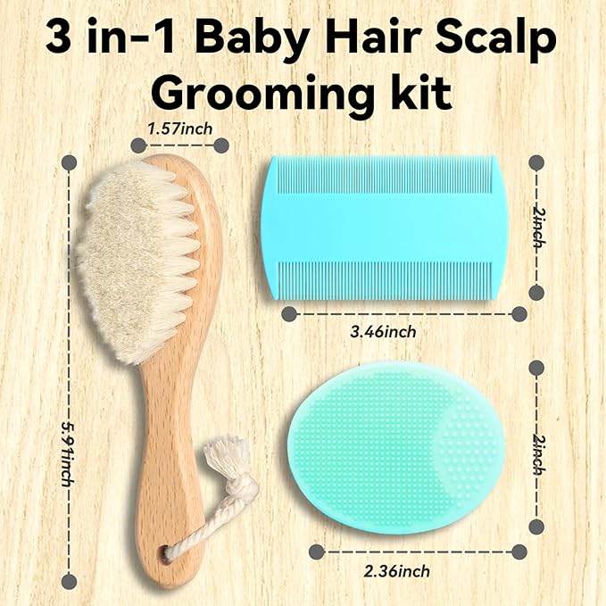 Goat Baby Hair Brush Set, Safe Natural Hair Care Kit with Wooden Soft Bristles Brush Comb Green Silicone Bath Brush for Newborns Toddlers (3pcs Set)