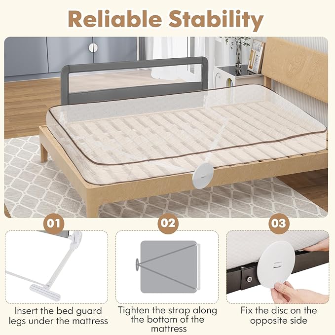 Costzon Bed Rail for Toddlers, 2 PCS Extra Long Swing Down Safety Bed Guards w/Straps for Convertible Crib, Kids Twin, Double, Full Size, Queen & King Bed, Folding Bed Rails for Baby (59-Inch, Gray)