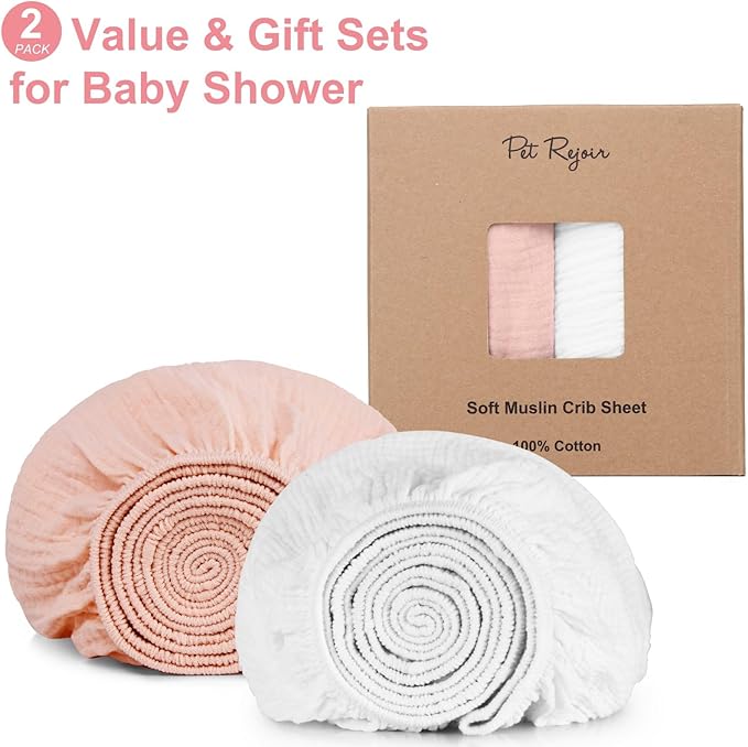 2 Pack Muslin Fitted Crib Sheets for Baby Girls & Boys-Neutral Breathable Crib Mattress Protector for Standard Crib Mattress (28"x 52")-Soft No Slip Toddler Cotton Bedding-Blush & White