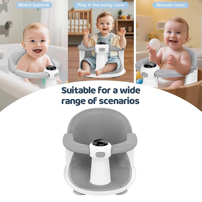 Baby Bath Seat-for Babies 6 Months & up, Water Temperature Display+Soft Cushion, Non-Slip Toddler Bath Seat for Baby, Sit Up Bath Seat for Baby, Grey