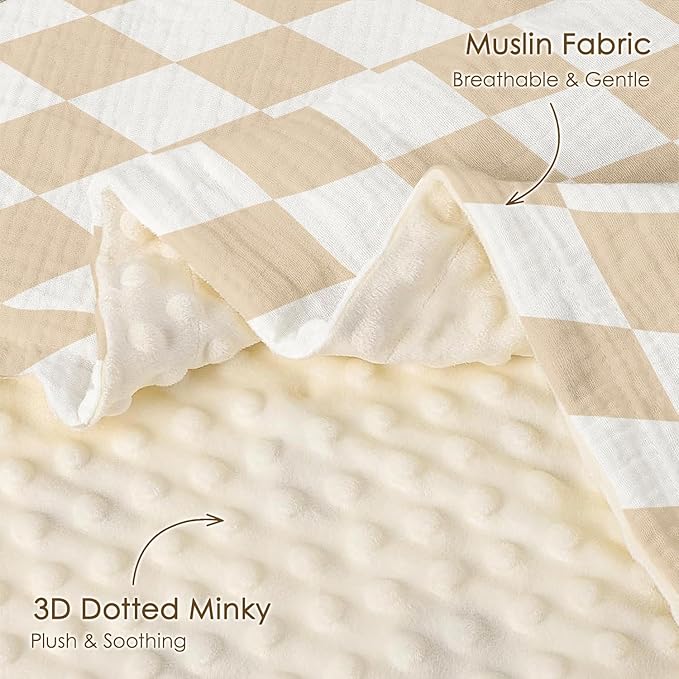 Checkered Baby Blankets for Boys Girls, Soft Nursery Minky Blankets with Muslin and Dotted Fleece Back 30x40 inches, Receiving Bed Quilt for Newborn, Infants, Toddlers
