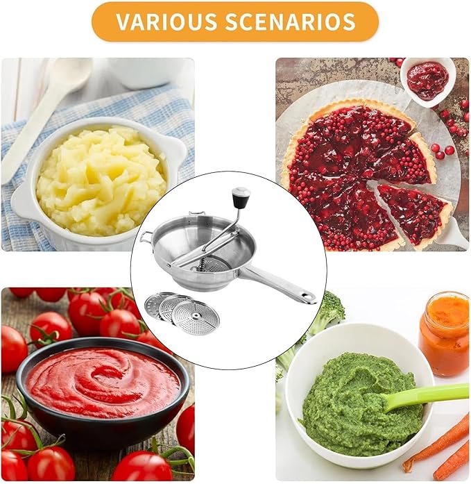 Stainless Steel Food Mill with 3 Milling Discs, Hand Grinder Baby Food Masher for Tomato Sauce Applesauce Jam Potato Ricer, Multifunctional Food Mill for Canning