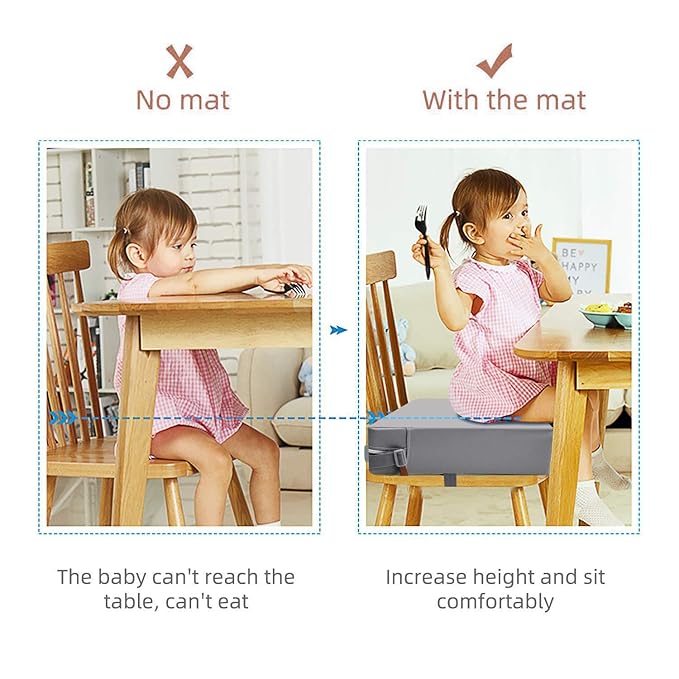 Toddler Booster Seat for Dining Table, PU Washable Double Safe Straps Non-Slip Bottom Booster Seat Dining Toddler, Portable Travel Increasing Cushion (Grey)