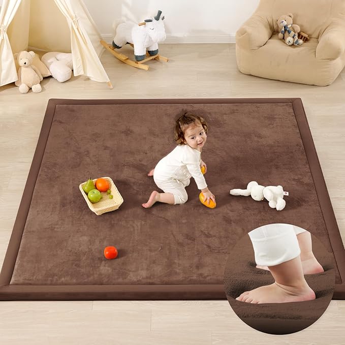 1.3" Thick Baby Play Mat for Floor Playpen, 50x50 Foam Tummy Time Mat, Padded Support Soft Plush Nursery Rug for Infant Kids Toddler Crawling Kick Activity (Chocolate Brown)