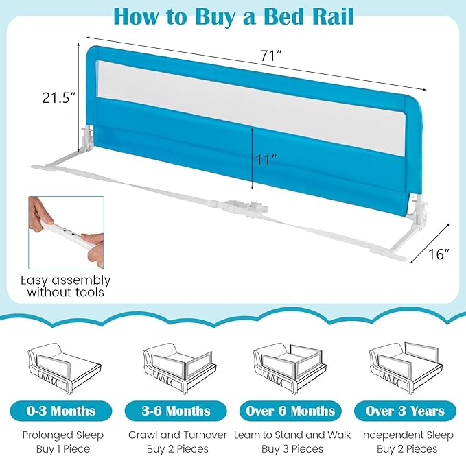 HONEY JOY Bed Rail for Toddlers, 71-in Extra Long, Portable Safety Bed Guardrail w/Double Safety Child Lock, Foldable Baby Bed Rail Guard, Fit King & Queen Full Twin Size Bed Mattress(Blue, Pack 2)