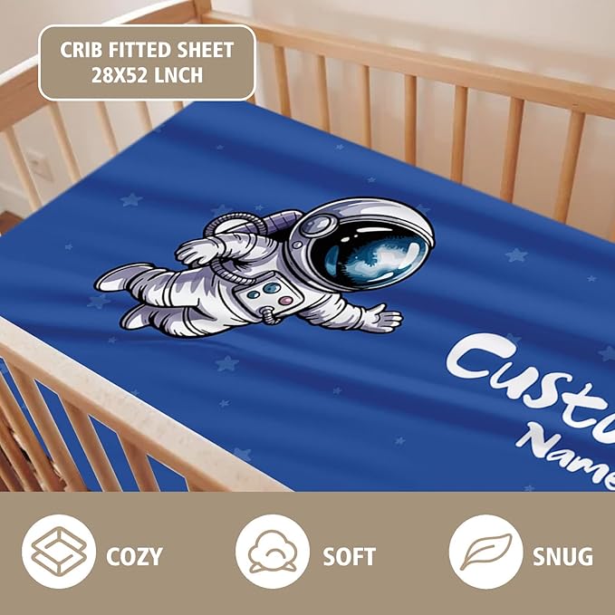 Personalized Baby Crib Bedding Set – Blue Astronaut Theme Nursery Bedding Sets 3 Piece with Custom Name Blanket, Fitted Crib Sheet & Changing Pad Cover – Ideal Newborn Gift for Boys