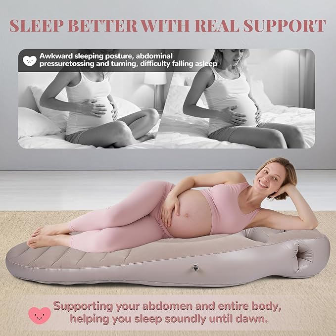 Inflatable Pregnancy Pillow for Pregnant Women - Maternity Mattress with Belly & Head Hole, Relieves Back & Hip Pain, Portable with Electric Pump, Gray