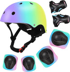 Color Gradient Adjustable Kids' Helmet with Knee & Elbow Pads Set | Multi-Sport Safety Gear for Boys & Girls Ages 5-14 | Skateboarding, Scooters, Roller & Inline Skating, Longboarding