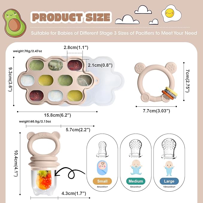 Baby Fruit Food Feeder & Breastmilk Popsicle Molds for Teething Relief, Baby Feeding Sets, 1 Freezer Tray with Lid & 1 Teether Toy & 1 Silicone Teething Pacifier Feeder, Extra Food Pouches (Beige)