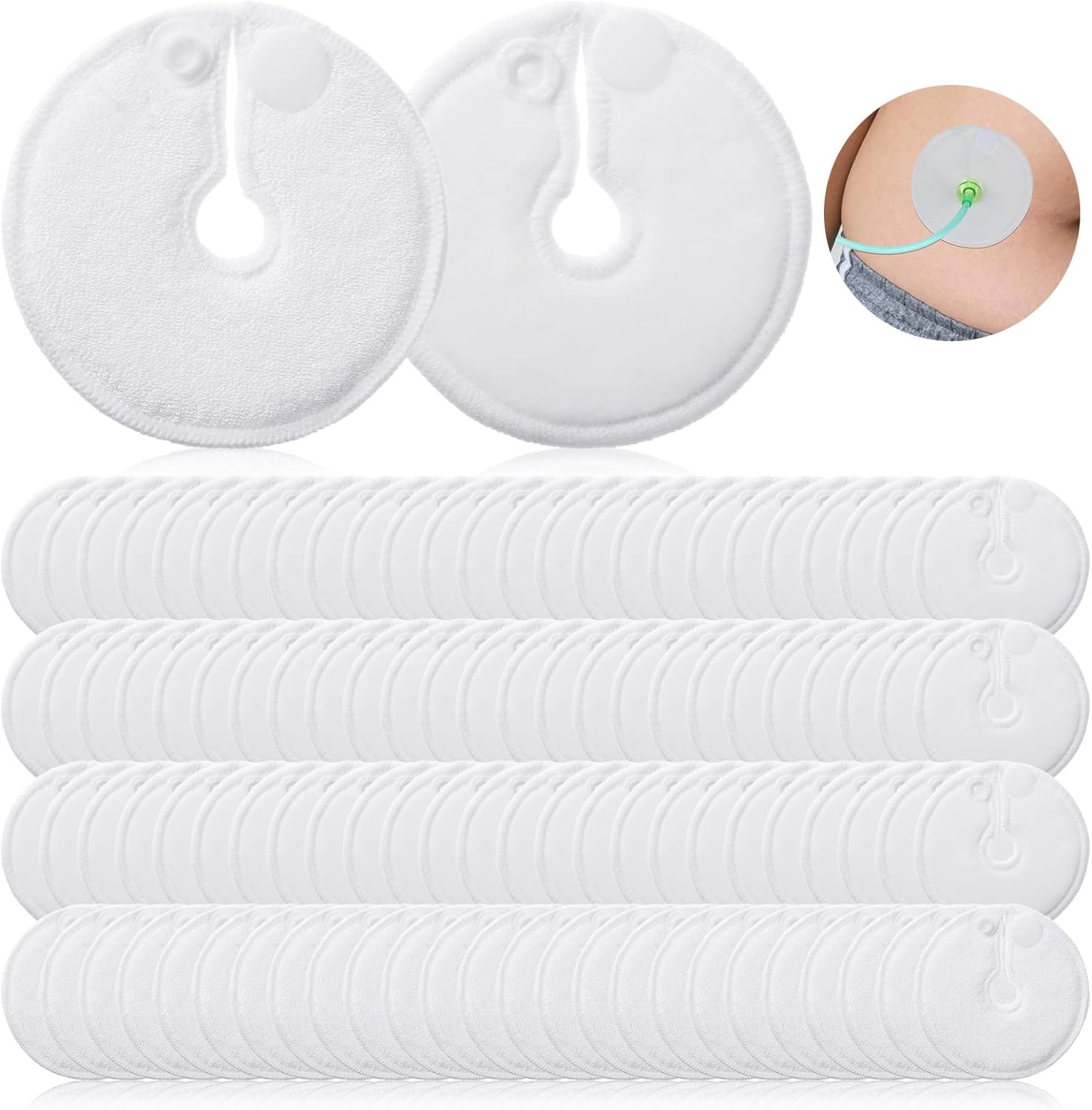 100 Pieces G Tube Pads G Tube Button Covers Peg Feeding Supplies Feeding Pads Holder Peritoneal Abdominal Soft Absorbent Button Covers Holder for Nursing Care