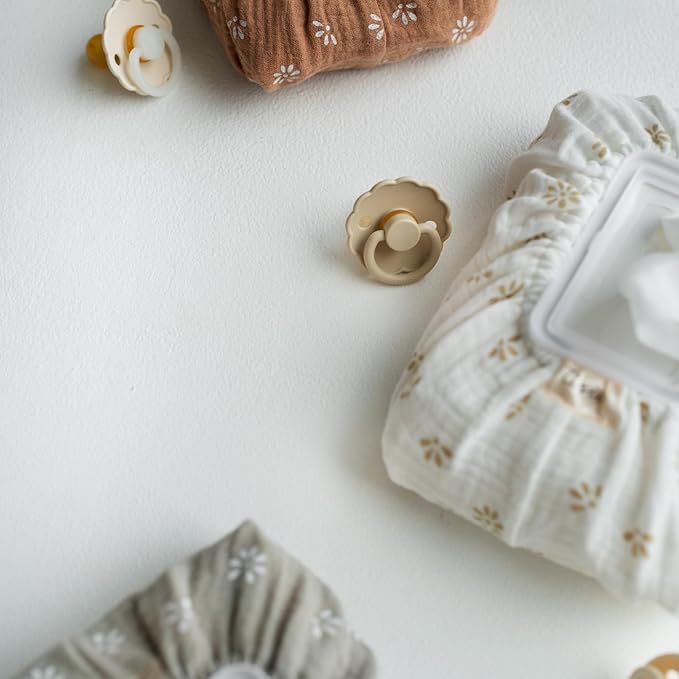 Baby Wipes Cover – Universal Size, One Size Fits All Wipes Packages | Muslin Cotton Tissue Cover for Nursery, Diaper Bag & Changing Table, Station | Gingham & Neutral Patterns (Caramel Daisy)