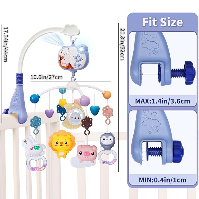Baby Mobiles for Cribs, Crib Mobile with Music and Lights, Nursery Musical Mobile for Bassinets Hanging Toys with Remote Control, Rotation, Projection, Animal Mobile Arm Clip On for Infant Boys Girls