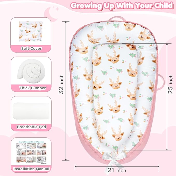 Baby Lounger - Baby Lounger for Newborn 0-24 Months, Breathable and Soft Cotton Cover Baby Nest, Portable Cozy Tummy Time Lounger for Home and Travel, Ideal Baby Essentials & Shower Gifts