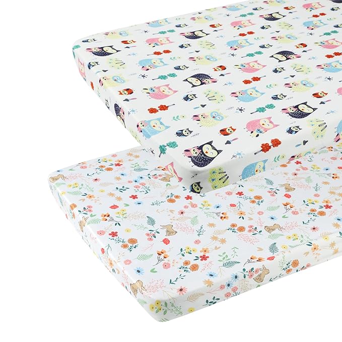 Onacosht Pack n Play Fitted Sheets for Baby Girl 2 Pack Set Soft Jersey Knit Sheets for Mini Crib Mattress and Playard Mattress, Rabbit Floral and Owl Printing