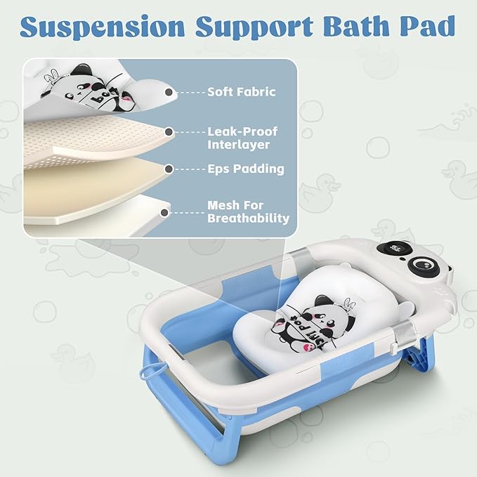 Foldable Baby Bathtub, Lightweight Bathtub for Infants to Toddlers with Soft Cushion & Thermometer, Portable Baby Tub Newborn to Toddler 0-24 Months(Blue)