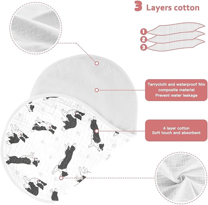 4 Pack Muslin Burp Cloths Collie Dog Paw White Cotton Baby Burp Cloths Extra Absorbent and Soft Burping Cloth for Newborn Babies Boys Girls 22x11 Inch