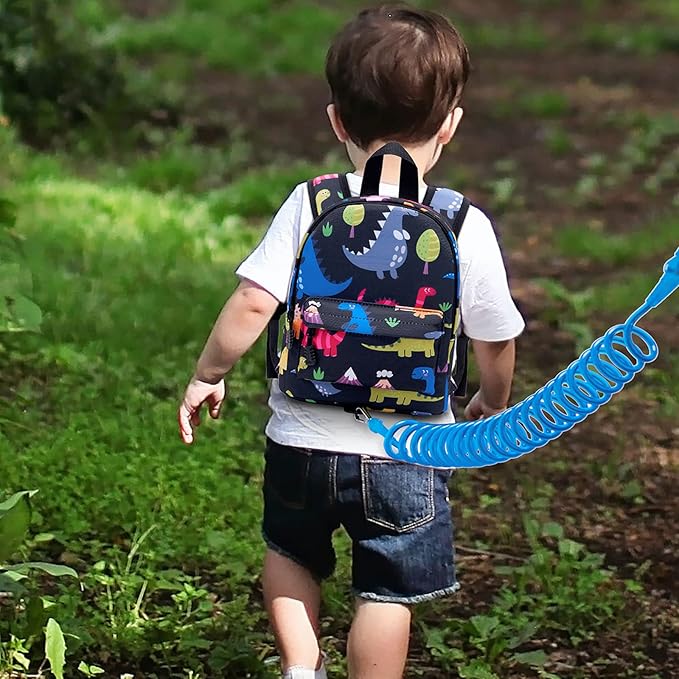Accmor Toddler Backpack Leash with Anti Lost Wrist Link, Cute Mini Child Walking Harnesses Keep Kids Close Back Pack Rope Tether Rein for Baby Boys (Black/Dino)