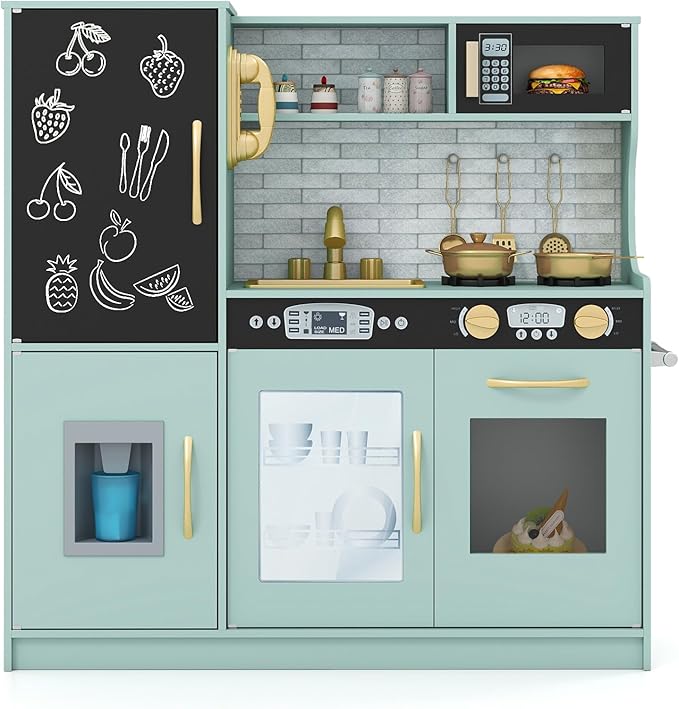 HONEY JOY Kids Kitchen Playset, Wooden Little Chef Pretend Toy Kitchen Set w/Chalkboard, Telephone, Utensils, Oven, Microwave, Sink, Storage, Play Kitchen for Toddlers Boys Girls, Green