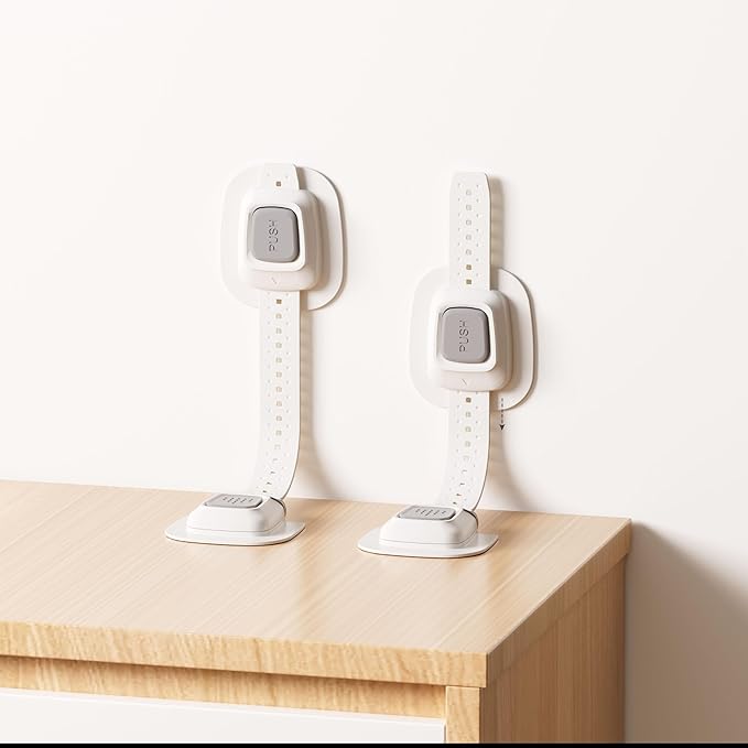 No Drill Furniture Anchor, Anti-tip and Adjustable Strap for Baby Proofing, 3M Adhesive Multi-Purpose for Furniture, Secure to Playroom (2 Pack)