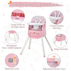 4 in 1 Portable Baby High Chair,Convertible Highchair for Babies & Toddlers-Foldable Infant Booster Seat,Carry Small Box,Dining Chair,Toddler High Chair with 5-Point Harness,Removable Tray-Pink