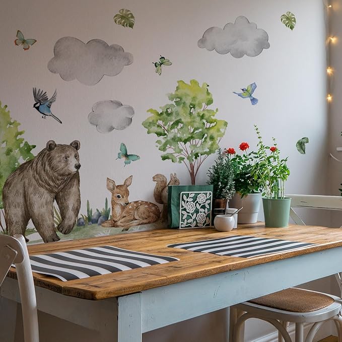 Watercolor Jungle Animal Wall Decals - Tiger, Elephant, Giraffe, Zebra, Lion,Monkey- Forest Wall Decal for Baby's Room, Playroom, Bedroom, Classroom, Kindergarten Decor