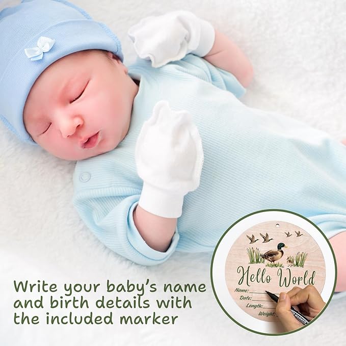 Mallard Duck Baby Announcement Sign, Hello World Newborn Sign, 6.7 Inch Round Wooden Name Sign for hospital, With Ink Pad for Hand and Footprints, Marker Pen, Baby Photo Prop & Keepsake