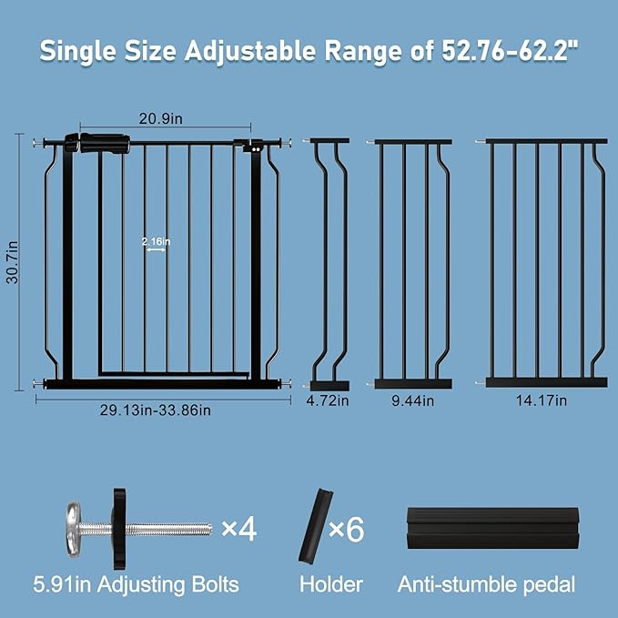 ALLAIBB Extra Wide Pressure Mount Baby Gate Auto Close Black Metal Child Dog Pet Safety Gates with Walk Through for Stairs,Doorways,Kitchen and Living Room (52.76-62.2"/134-158cm)