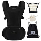 Bebamour Baby Carrier with Hip Seat,All-Position Breathable Mesh Hip Seat & Carrier 0-36Months with Head Hood, 3 PCS Teething Pads, Waist Extender,Storage Bag & Pacifier Case(Black)