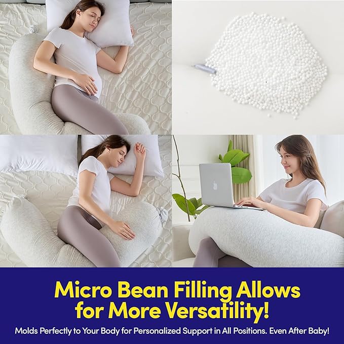 Full Body Maternity Pillow – Bean-Filled Pregnancy Support Pillow with Removable Cover – 59″ Long Full-Length Back, Hip & Belly Support for Pregnancy & Nursing, Silver
