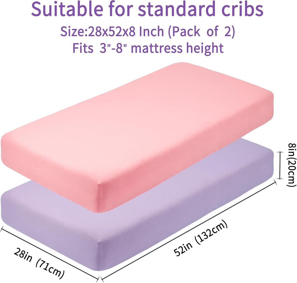 Crib Sheets for Boys Girls,100% Cotton Fitted Crib Sheet 2 Pack for Standard Crib and Toddler Mattress, Super Soft Breathable Baby Sheet 28x52x8in (Purple & Pink)