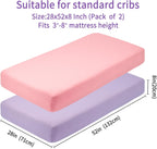 Crib Sheets for Boys Girls,100% Cotton Fitted Crib Sheet 2 Pack for Standard Crib and Toddler Mattress, Super Soft Breathable Baby Sheet 28x52x8in (Purple & Pink)